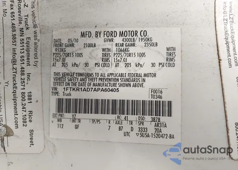 2010 Ford Ranger Xl/Xlt из США, поврежденный, VIN 1FTKR1AD7APA60405